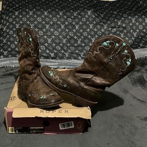 ROPER WESTERN BOOTS LITTLE KIDS SIZE 3 EUR 33.5 Brown Teal Blue Green Heart Cute